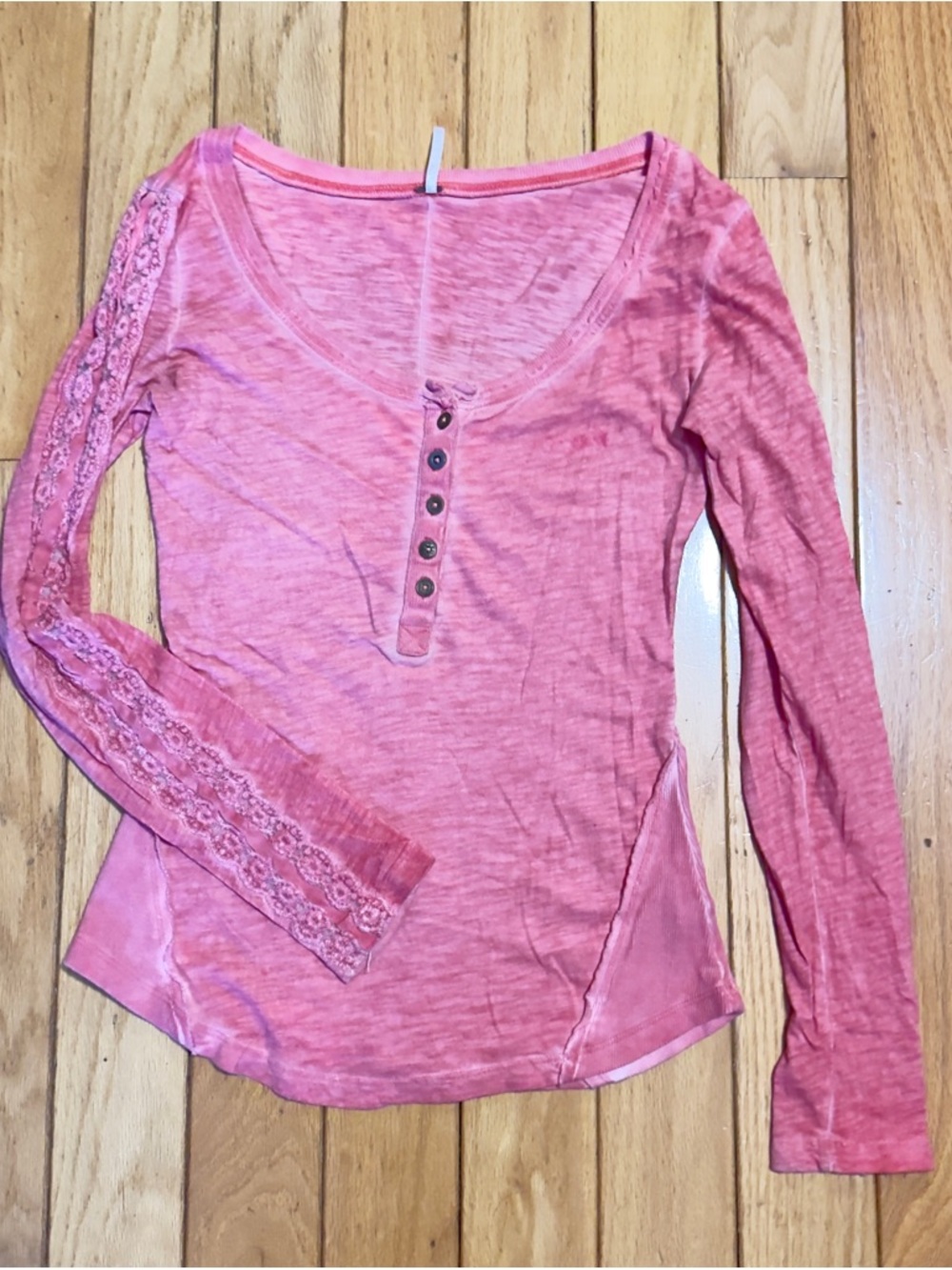 Free People Rose Pink Lace-Trim Henley Long Sleeve Top